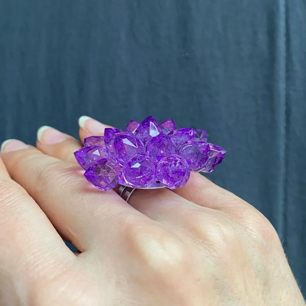 Kids Fun and Bold Purple Translucent Plastic Crystal Flower Ring